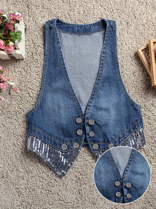 Women's Sleeveless Denim Vest, Casual Style, Bow Detail, Short Waistcoat, Spring/Autumn Outerwear, Fashion Trendy Jacket