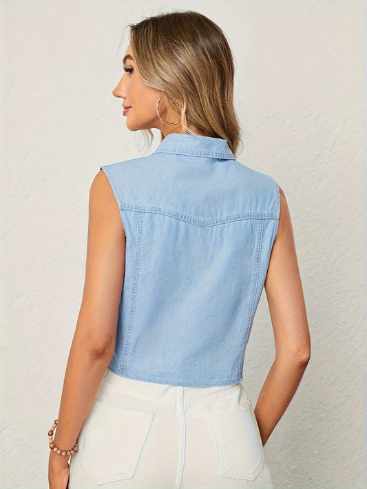 Chic Denim Sleeveless Tie-Front Shirt with Flap Pockets - Elegant & Stylish Summer Top for Casual Days