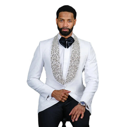 Modern Men's Blazer Wedding Tuxedos Shawl Lapel Single Breasted Rhinestone Ceremony Formal Groom Wear Party Birthday Pants Suits 2 Pieces Custom Made