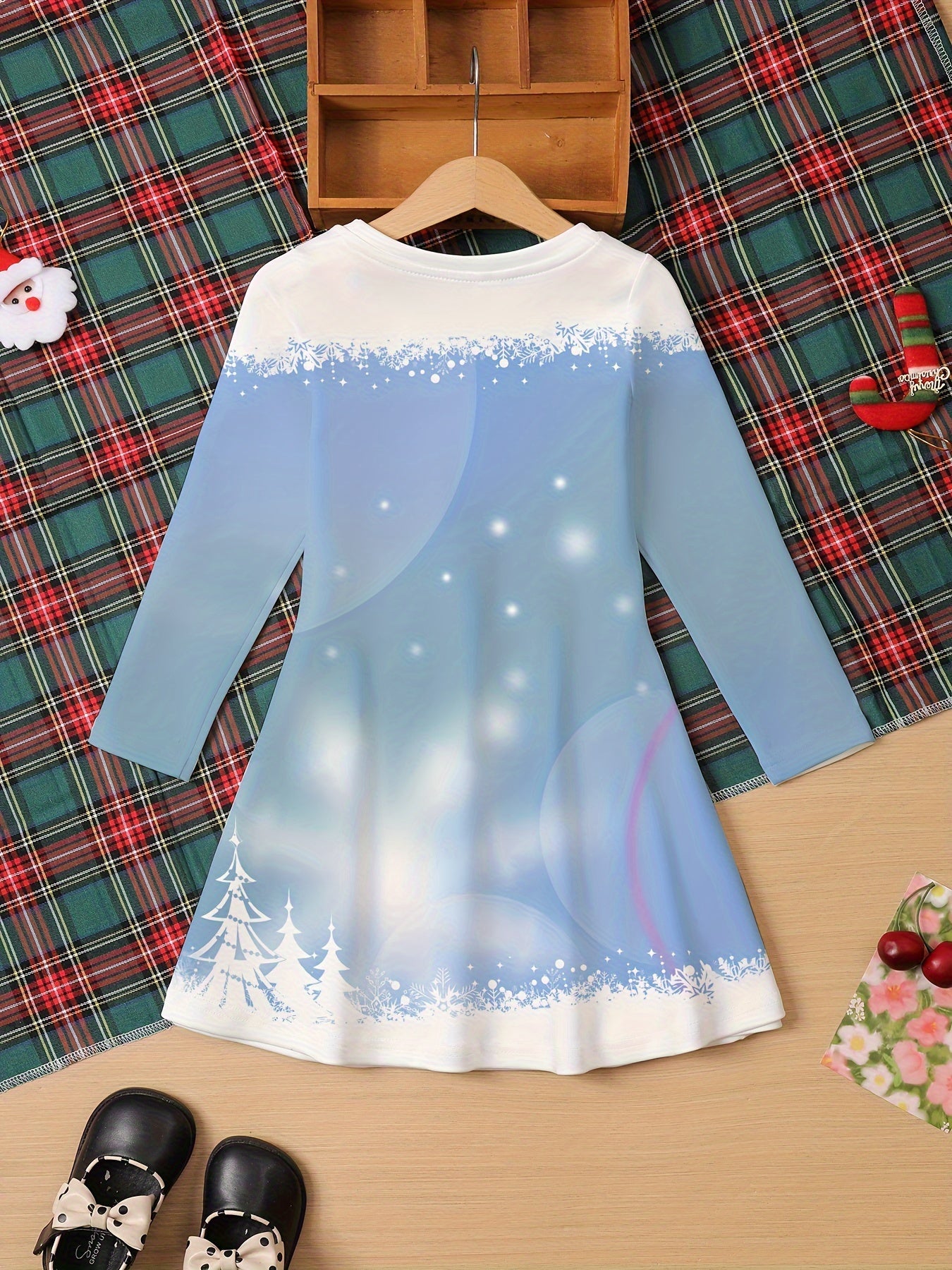 Christmas Themed Children's Long Sleeve Dress - Polyester 100%, Street Style, Knee High, Applique Detail, Tunic Fit, A-Line, Knit Fabric, Slight Stretch, for Ages 2-13, Red and Blue Options with Snowflake and Candy Patterns