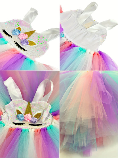 Girls Unicorn Tutu Dress Rainbow Tulle Princess Dress 3-10 Years Kids Unicorn Birthday Party Dresses Summer Vacation Halloween Dress Up Costumes Holiday Gifts