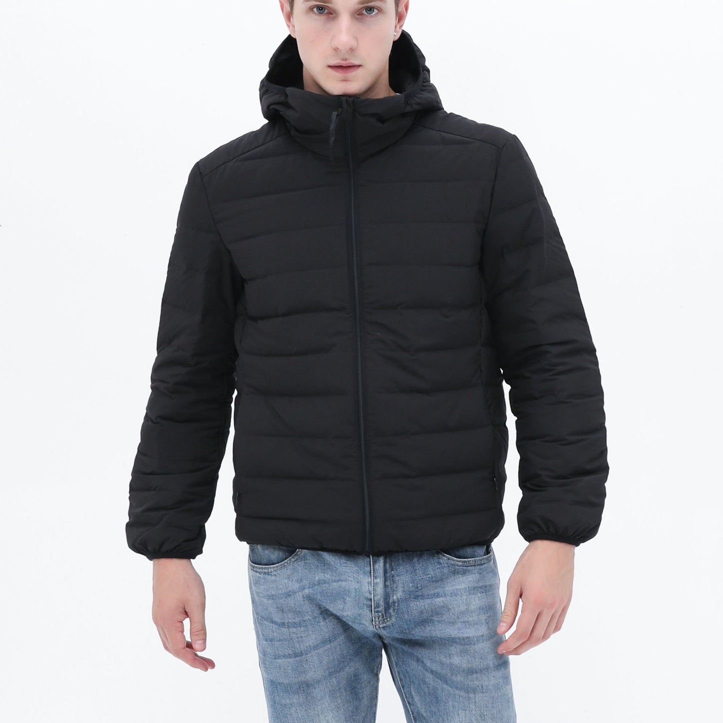 Warm Lightweight Puffer Hooded Jackets, Men's Casual Solid Color Classic Design Quilted Jacket For Fall Winter