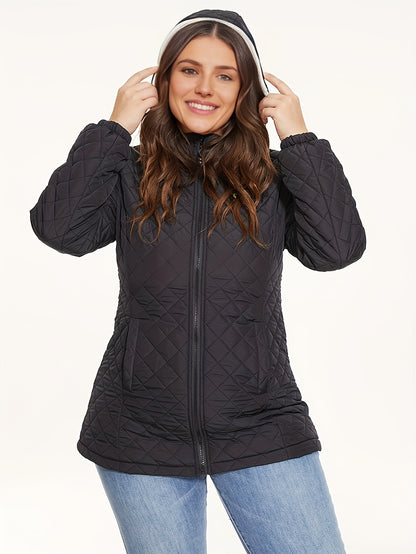 Full Zip Long Sleeve Quilted Down Jacket, Casual Hooded Dual Pockets Down Jacket For Fall & Winter, Women's Clothing