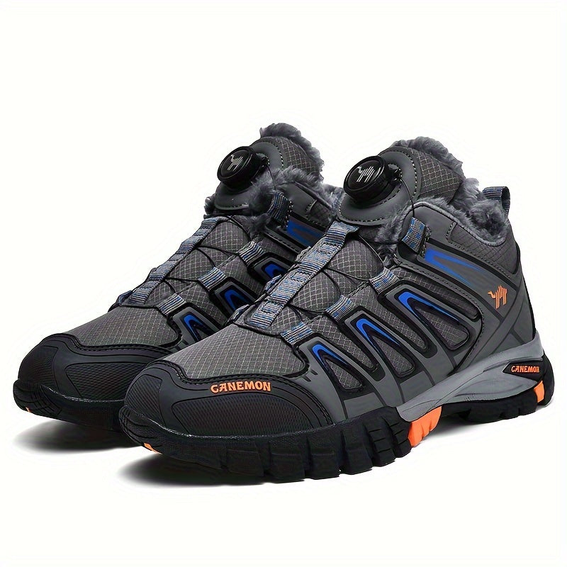 Men's Casual Fuzz Lined Winter Snow Shoes, Anti-skid Windproof Ankle Shoes With Rotary Buckle Design For Outdoor