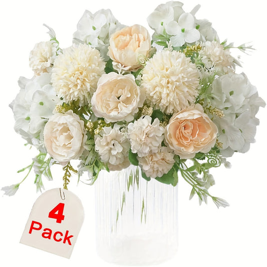 4pcs Silk Peony & Hydrangea Bouquets - Realistic Artificial Flowers for Wedding Decor, Table Centerpieces & Home Garden