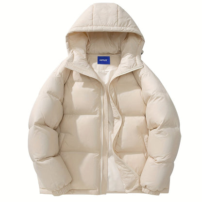Men's Loose Solid Down Jacket With Pockets, Casual Breathable Zip Up Long Sleeve Warm Hooded Outwear For Winter Outdoor Activities