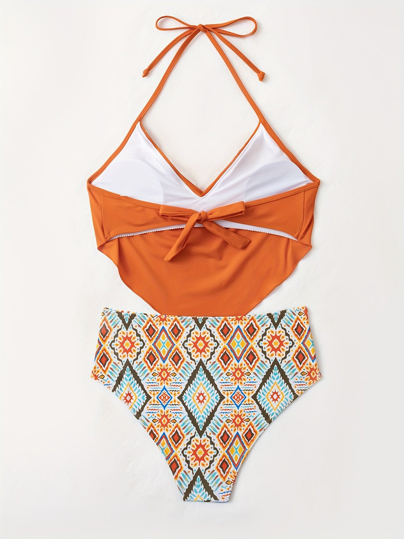 Chic Geometric Print Bikini Set - 2 Piece with Drop Collar & High Cut Swimsuit - Flattering Hanky Hemline - Premium Womens Beachwear