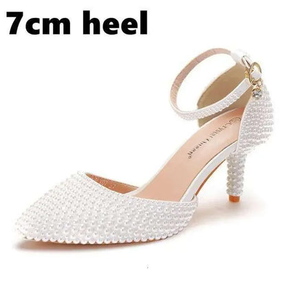 White Pearl Pointed High Fine Heel Sandals Female Bride Wedding Shoes Party Banquet Kq8