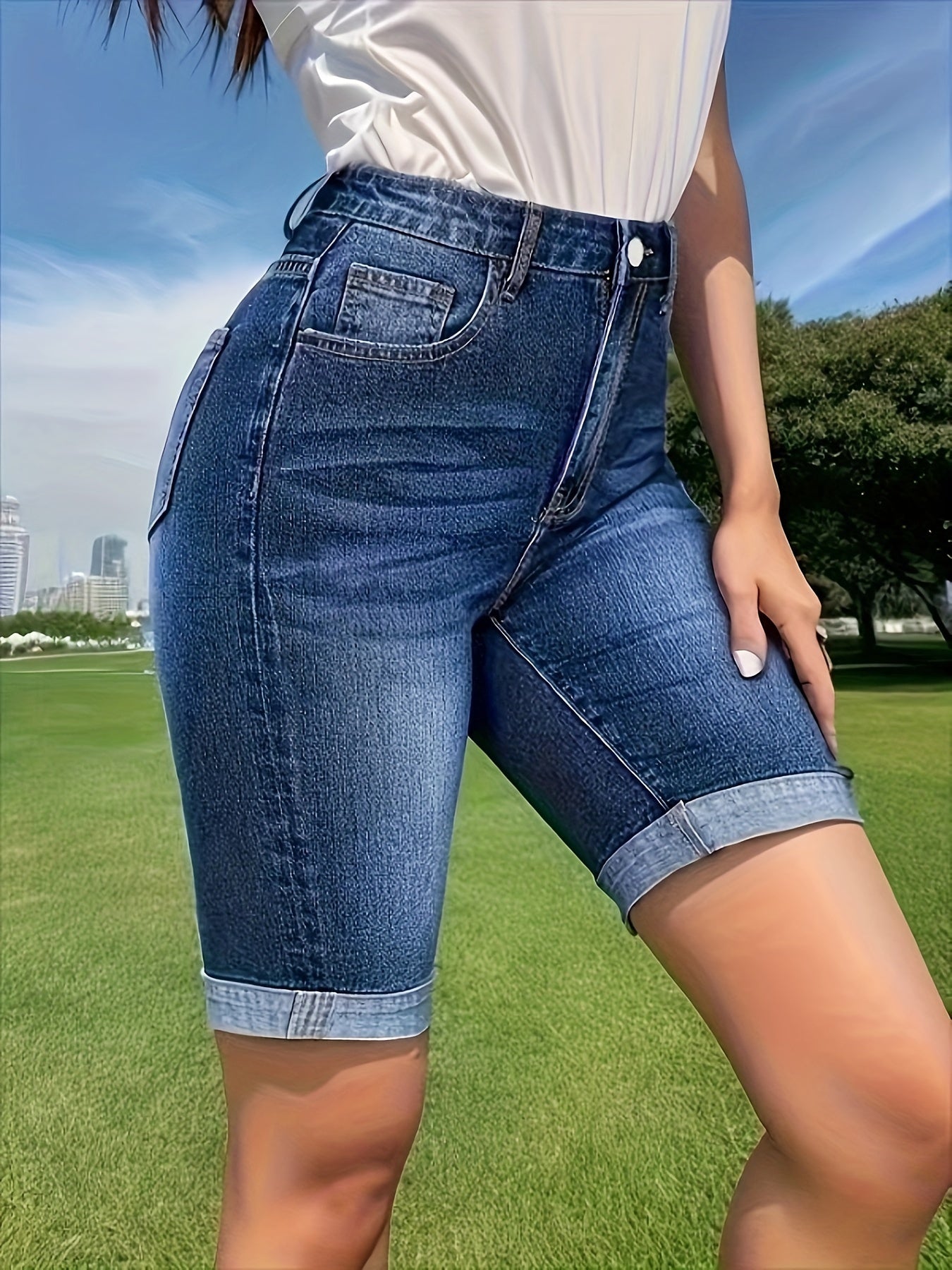 Distressed Whisker Bermuda Denim Shorts - Fashionable Cuffed Leg Opening, Faded Light Blue Wash, Convenient Side Slash Pockets, Relaxed Fit for Everyday Wear - Flattering High-Waisted Design, Designed Specifically for Women