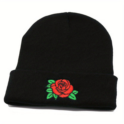 1pc Embellished Rose Windproof Knit Beanie Hat - Unisex Winter Autumn Headwear - Soft, Warm, and Stylish Gift Idea for Men and Women