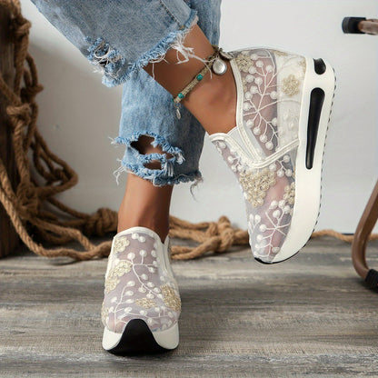 Womens Floral Lace Charm - Casual Height Enhancing Slip-On Shoes with Stylish Platform - Versatile Low Top for Everyday Elegance