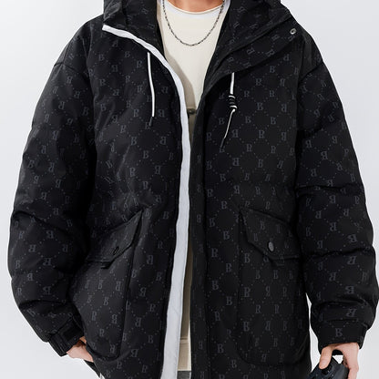 Men's Letter Print Puffer Jacket, Casual Windproof Flap Pocket Padded Coat For Fall Winter