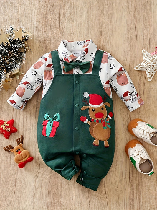 Faux Formal Suit Design Xmas Deer & Gift Pattern Jumpsuit With A Bow Tie For Baby Boys, Suitable For Autumn And Winter Outdoors