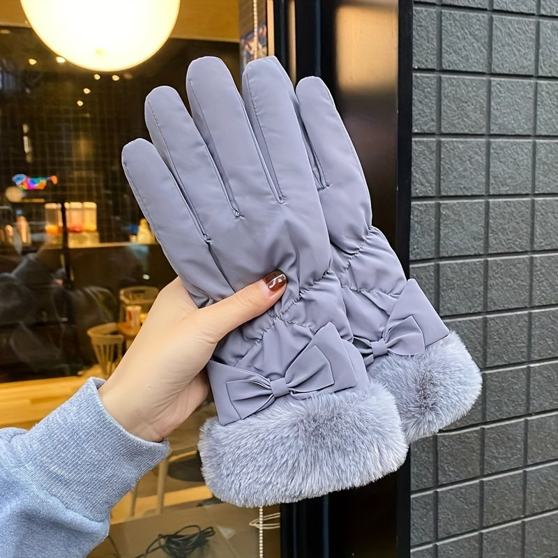 Women's Winter Touchscreen Gloves - Thick, Warm Velvet-Lined With Bow Detail For Cycling & Skiing