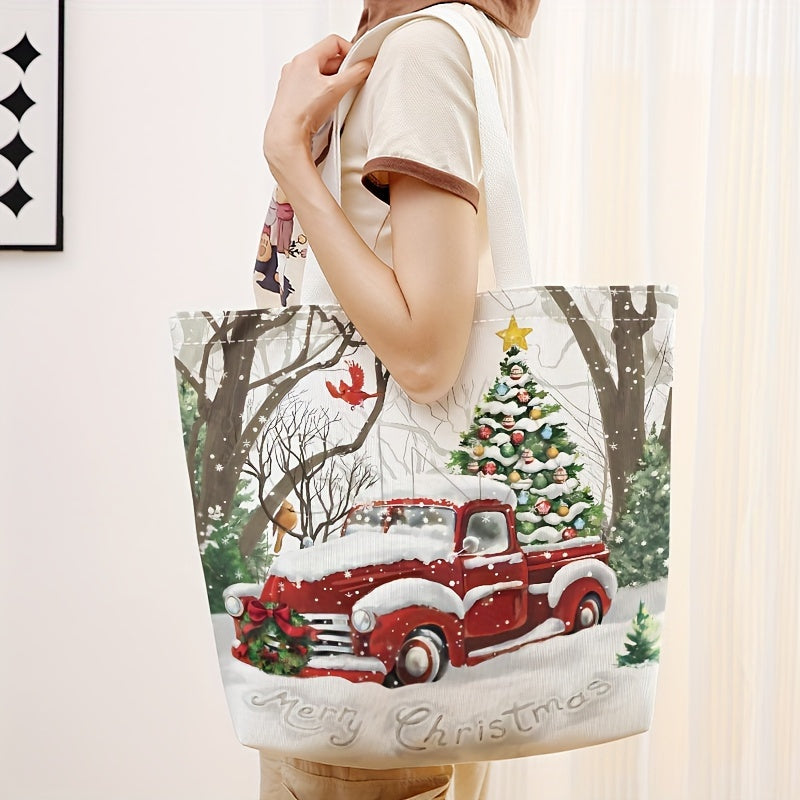 Christmas Print Tote Bag, Large Capacity Canvas Shoulder Bag, Causal Handbag & Grocery Shopping Bag