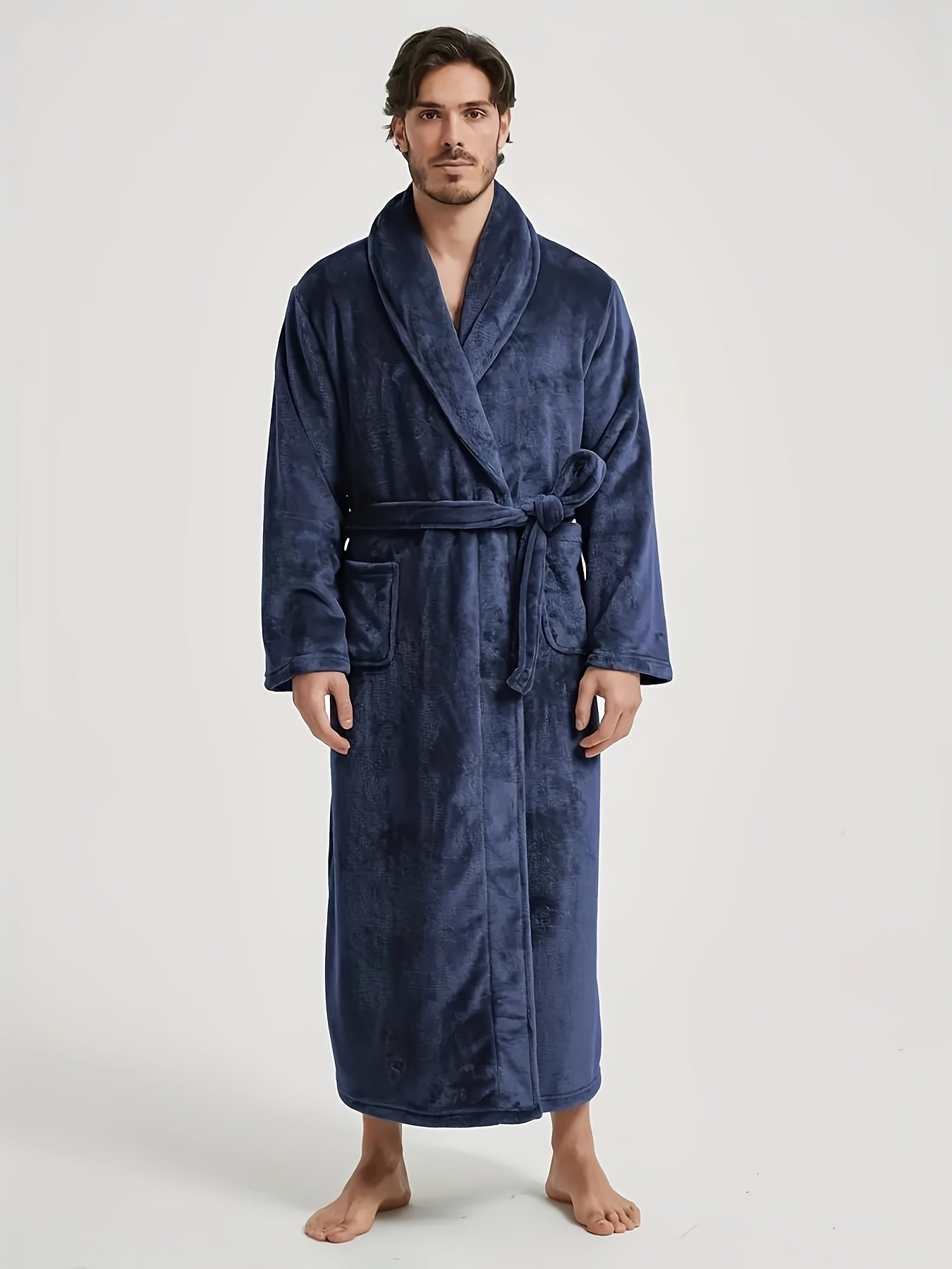 Cozy V-Neck Flannel Robe - Soft Fleece Elegant Long Sleeve Lounge Wear for Men - Autumn/Winter Comfortable Loose Fit, Super Stylish, Plush Fabric, Warm and Breathable