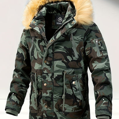 Men's Camouflage Print Faux Down Parka Jacket, Long Sleeve Comfy Warm Trendy Winter Faux Down Parka Coat As Gift
