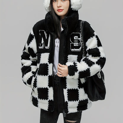 Checkered Pattern Zipper Stand Collar Down Jacket, Casual Long Sleeve Down Jacket For Winter, Women's Clothing