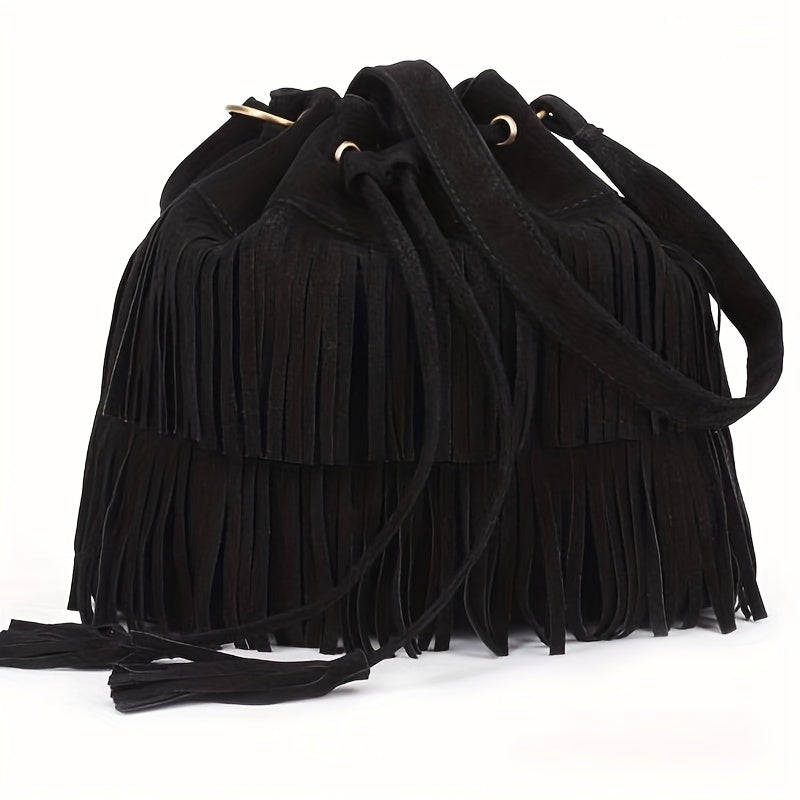 Vintage-Inspired Tassel Bucket Bag - Shoulder Bag with Drawstring Closure, Crossbody Strap, Simple Design for Travel, Daily Use, and Casual Outings - Stylish, Spacious, and Versatile Accessory