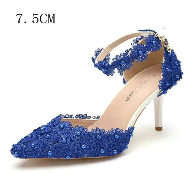 9Cm White Lace Wedding One Word Buckle Strap Thin Heels Pointed Toe Bride Female Sandals Bridesmaid Shoes Kq8