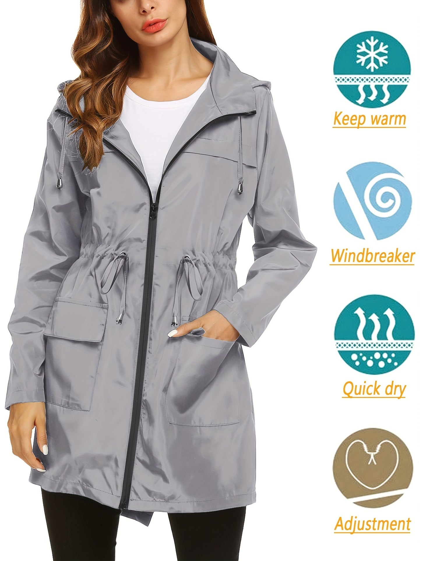 Waterproof Lightweight Active Rain Jacket for Women - Outdoor Hooded Coat for Rainy Days - Breathable, Packable, and Reflective Safety Details