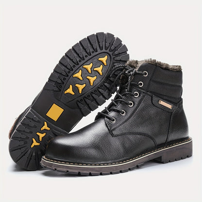 Men's Top Leather Boots, Fuzz Lined Anti-skid High-top Lace-up Boots For Outdoor, Autumn And Winter