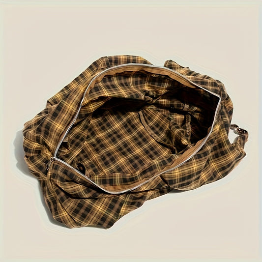 Chic Rock-Inspired Plaid Canvas Backpack - Spacious & Versatile for Work or Casual Outings, Durable Shoulder Straps, Zip Closure