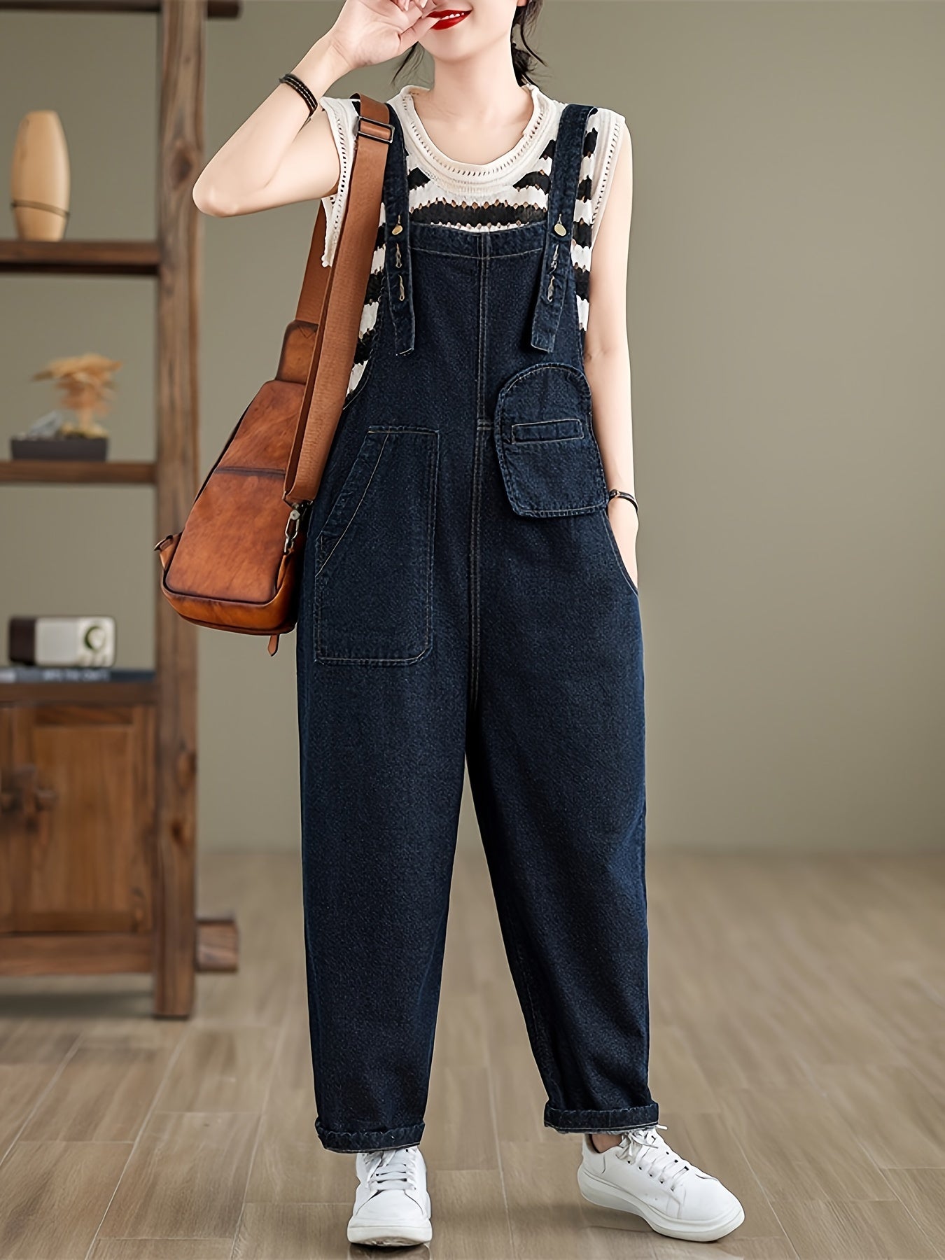 Women's Loose Fit Denim Overalls, Casual Style, Versatile Jean Jumpsuit With Pockets