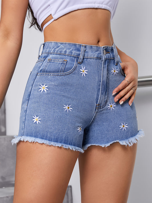 Vibrant Blue Denim Shorts - Delicate Daisy Embroidery, Fashionable Design, Stretchy Elastic Waistband, Raw Hem, Stylish Slash Pocket - Designed for Women, Elegant and Comfortable Fashion Shorts