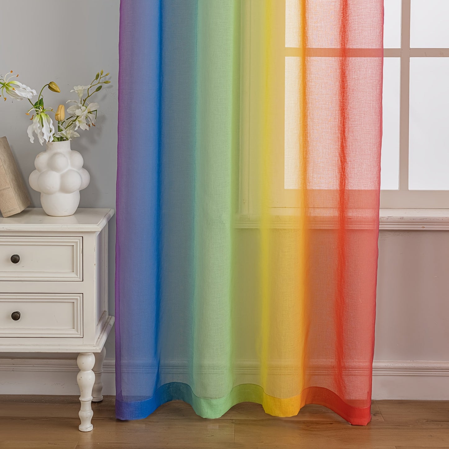 2pcs Rainbow Print Translucent Curtains Yarn Curtains For Living Room Bedroom Balcony Office Home Decor