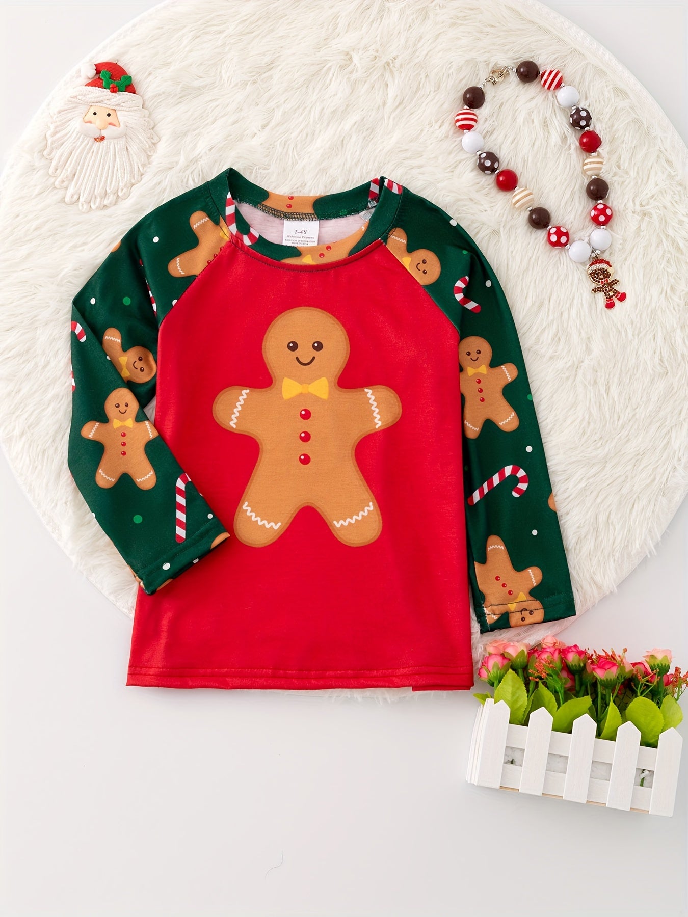 1pc - Brother And Sister Matching Clothes - Christmas Candy Cane Gingerbread Print, Boys Long Sleeve T-shirt, Girls Long Sleeve Dress, Autumn/Winter Daily And Outdoor Wear, Ideal Gifts For Christmas Party - NOT MULTI-PACKS, PLEASE PURCHASE SEPARATELY