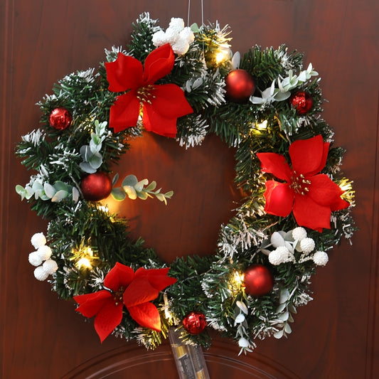 15.7 Inch Christmas Wreath Door Wall Ornament Artificial Wreath, Green Rattan With Red Flower And Ball Decorations And Battery Operated LED Lights For Home Stairs Fireplace Front Porch Door Display Indoor Outdoor Christmas Party Decor