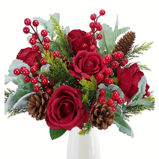 18pcs Artificial Christmas Flowers Bouquet, 14.5" Mix Bouquet with Pine Branches, Berry Stems, Pine Cones, Red Fake Roses for Xmas Winter Home Table Vase Decor, No Power Needed, Plastic Material