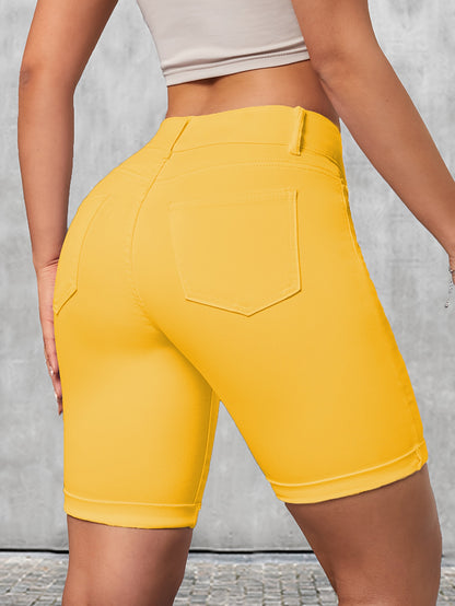 Womens Double-Breasted Bermuda Knee-Length Shorts - Stretchy, Slim Fit, Elegant, Solid Color, Cotton Fabric, High-Waisted, Pockets, Button Closure, Perfect for Spring and Summer Style