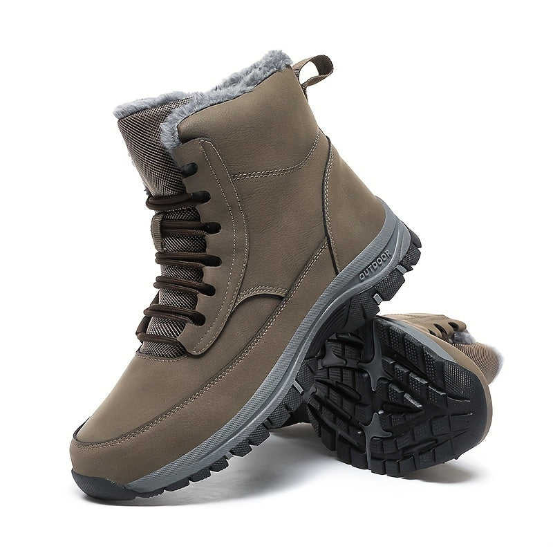 Men's Trendy Solid High Top Hiking Boots, Comfy Non Slip Casual Thermal Shoes, Winter & Autumn