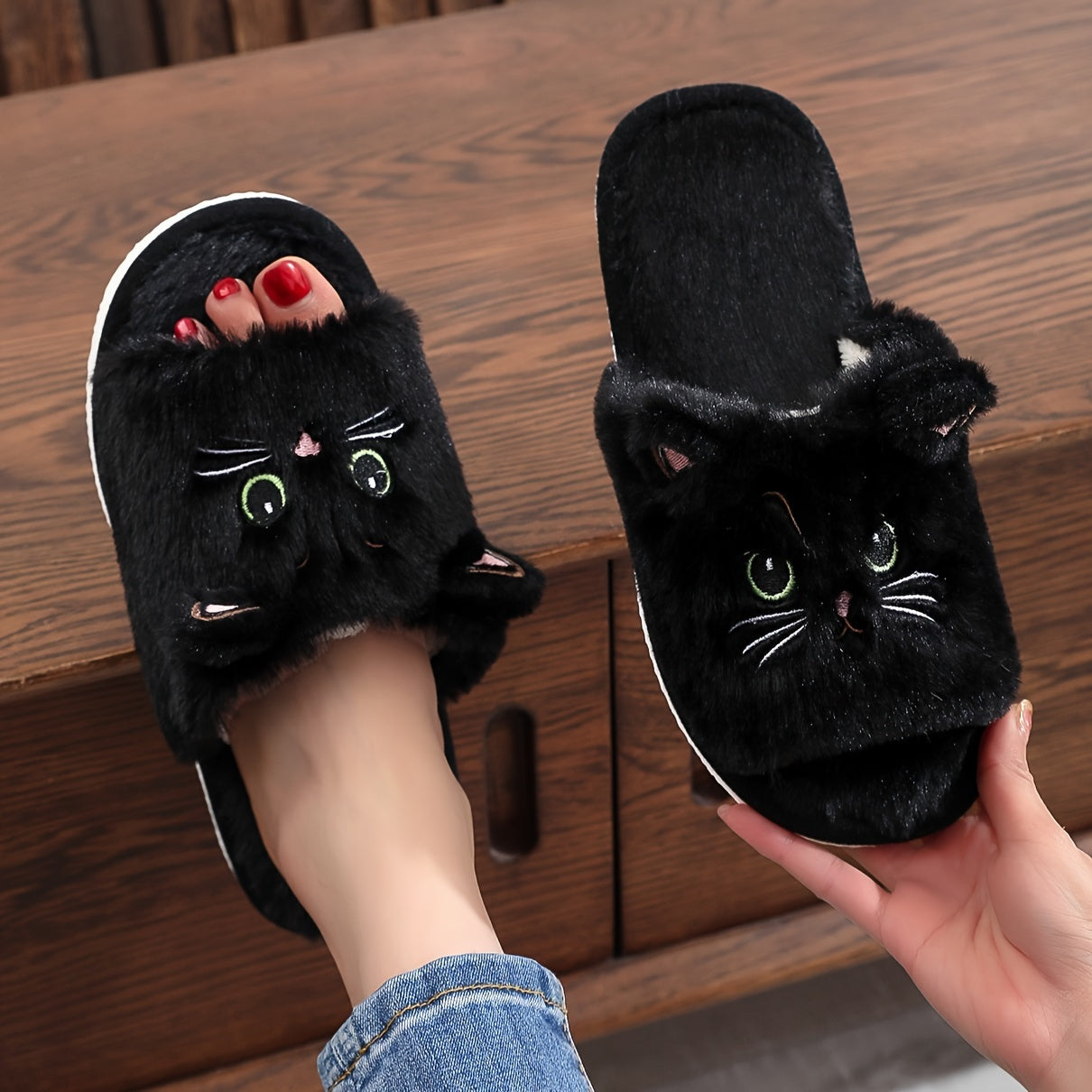 Cute Cartoon Cat Plush Slippers - Ultra Soft, Fuzzy, Warm, Non-Slip, Cozy, Comfy Indoor Bedroom Footwear with Fabric Insole and EVA Sole for Cold Winter Days