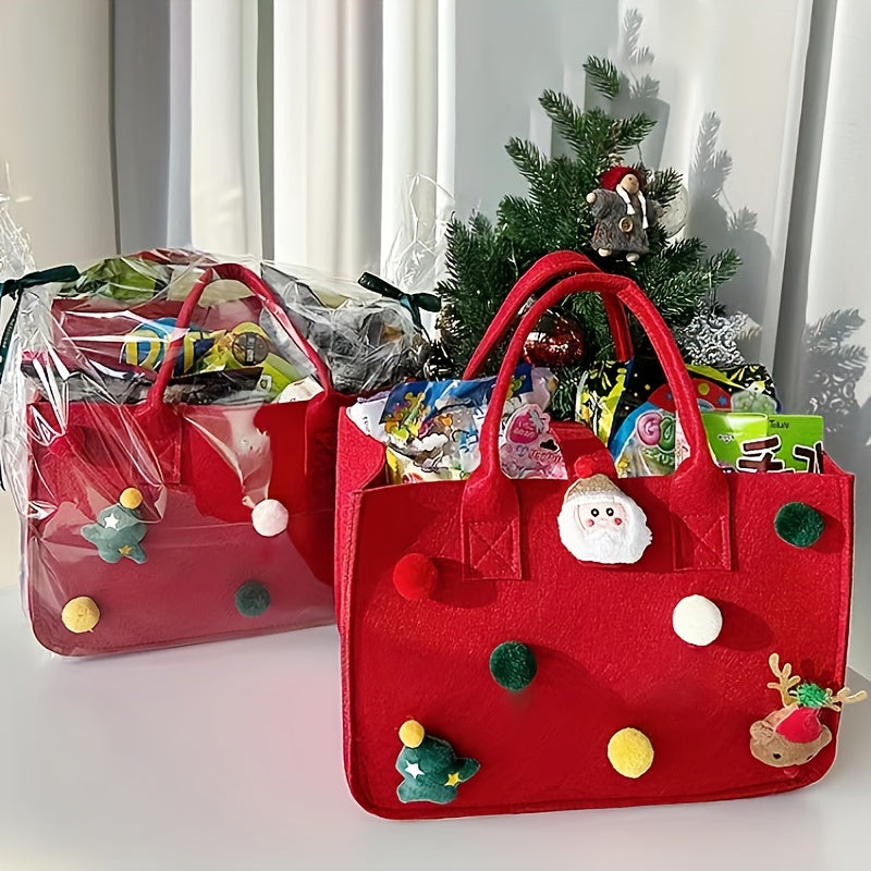 Christmas Felt Tote Bag with Pom-Poms, Simple Style, Random Color And Position, Perfect Gift