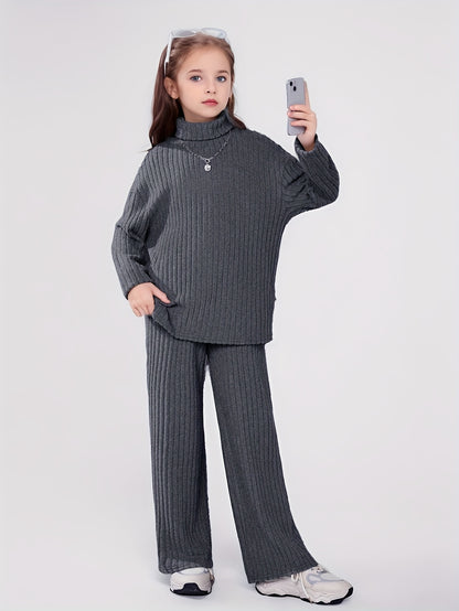 Girls 2pcs Ribbed Outfits, Solid Turtleneck Long Sleeve Pullover Top + Pants Set For Spring Fall Winter Christmas Gift Party, Outdoor Clothing