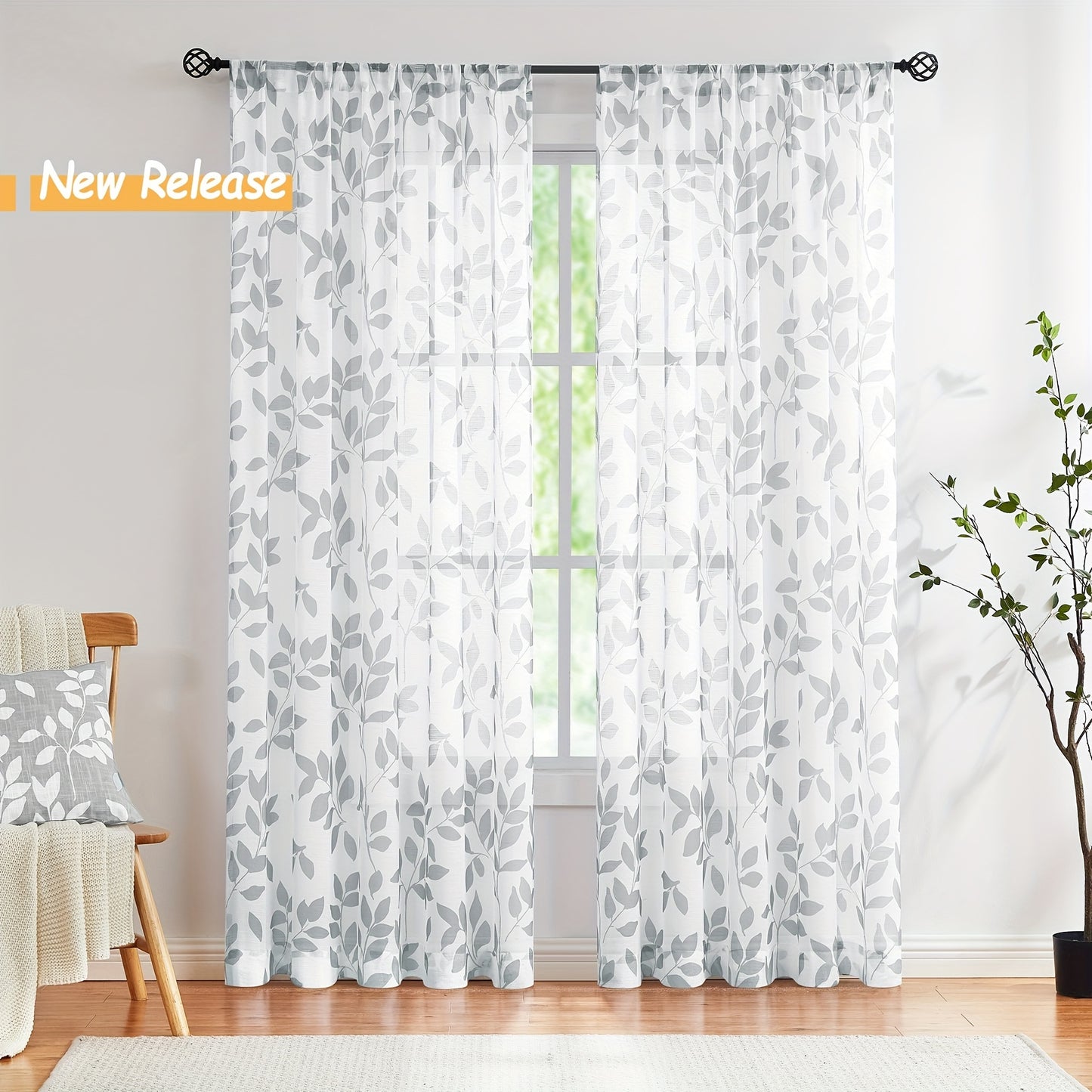 2pcs Leaf Printed Linen White Sheer Curtain, Rod Pocket Window Treatment For Bedroom Office Kitchen Living Room Study Home Decor