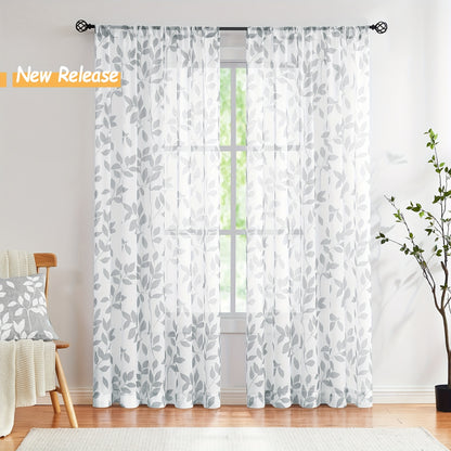 2pcs Leaf Printed Linen White Sheer Curtain, Rod Pocket Window Treatment For Bedroom Office Kitchen Living Room Study Home Decor