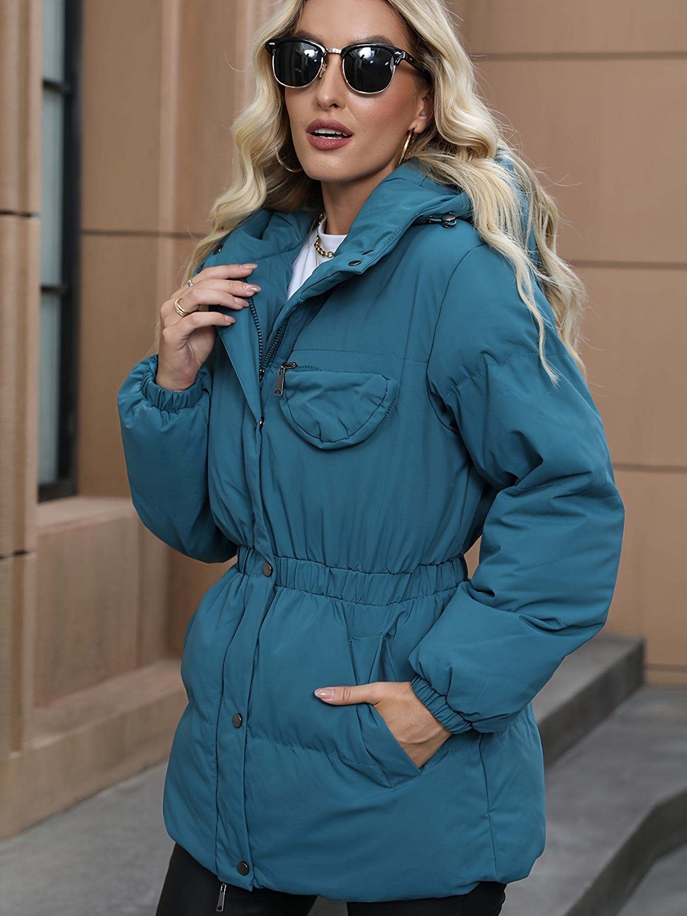 Solid Color Button & Zipper Front Hooded Down Coat, Long Sleeve Elastic Waist Belted Puffy Coat For Winter, Women's Clothing