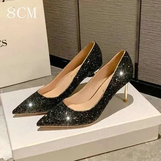 New French Bridal Wedding Crystal Sequin Pumps Glitter Pointy High Bridesmaid Shoes Slim Heels Kq8