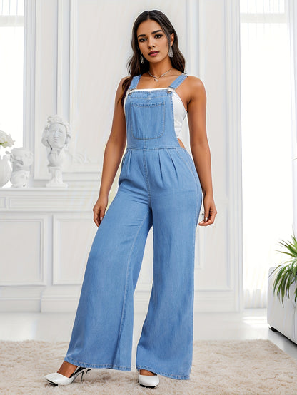 Women's Casual Comfort Denim Jumpsuit - Non-Stretch, Solid Color with Versatile Pockets, Easy Care, Seasonal Versatility