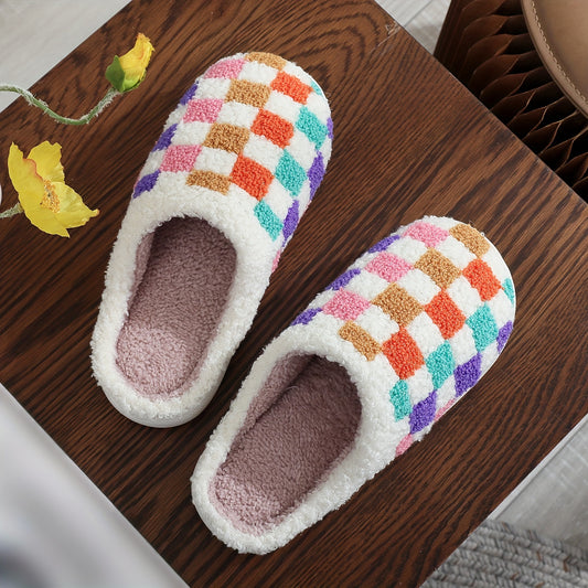 Vibrant Checkered Plush Slippers - Ultra Soft, Warm, and Cozy Indoor Shoes with Cushioned Insoles for Comfortable Walking - Perfect for Home, Lounge, or Leisure Activities