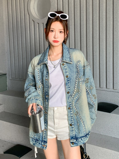 Rhinestone Decor Distressed Washed Blue Long Sleeve Retro Chic Denim Jacket Top, Women's Denim Jeans & Clothing