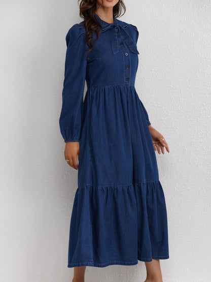 Elegant Style Plain Washed Blue Bowknot Tiered Layered Ruffled Puff Long Sleeve Maxi Denim Dress, Women's Denim Jeans & Clothing