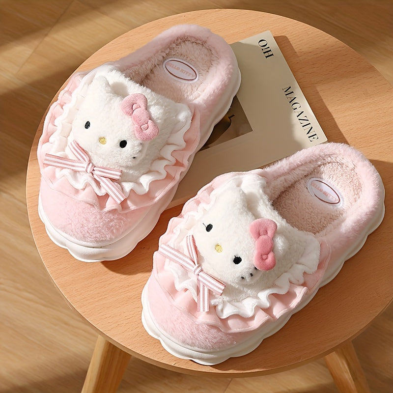 Adorable Sanrio Hello Kitty & Melody Plush Slippers - Soft, Fuzzy, Non-Slip, Warm, Cozy, Slip-On Indoor Shoes for Women and Girls - Perfect for Home, Lounge, or Relaxation