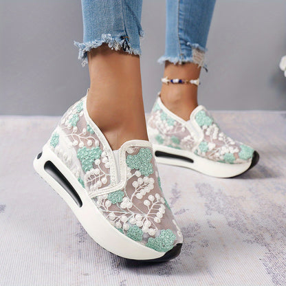 Womens Floral Lace Charm - Casual Height Enhancing Slip-On Shoes with Stylish Platform - Versatile Low Top for Everyday Elegance