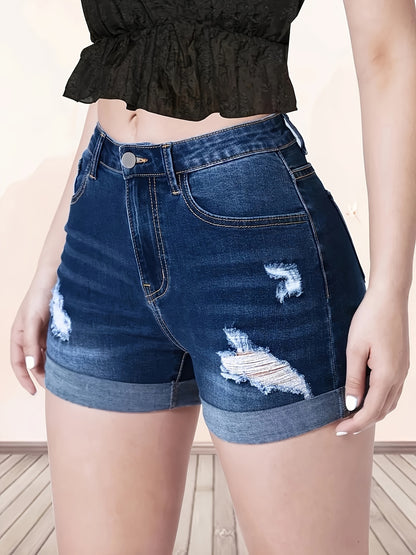 Womens High Stretch Ripped Denim Shorts - Fashionable Roll-Up Hem, Whiskering Detail, Slash Pockets - Casual Premium Jeans & Clothing Staple