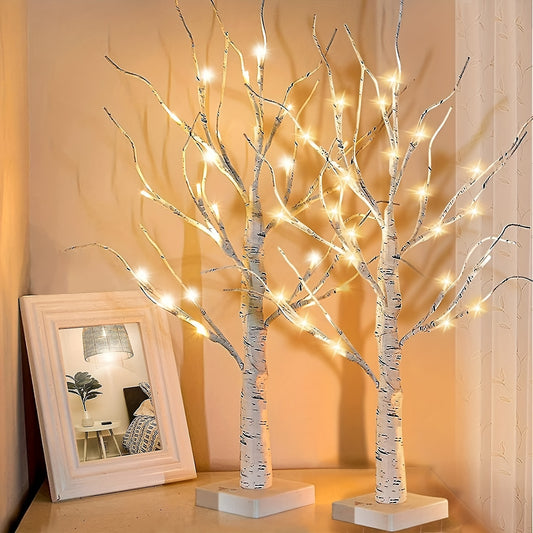 1pc White Birch Tree Mini Decorative Lights - Battery Operated, Warm White, Desktop, Artificial Tree with Christmas Center Fireplace Holder, Perfect for Home, Summer, and Holiday Decorations (2ft)